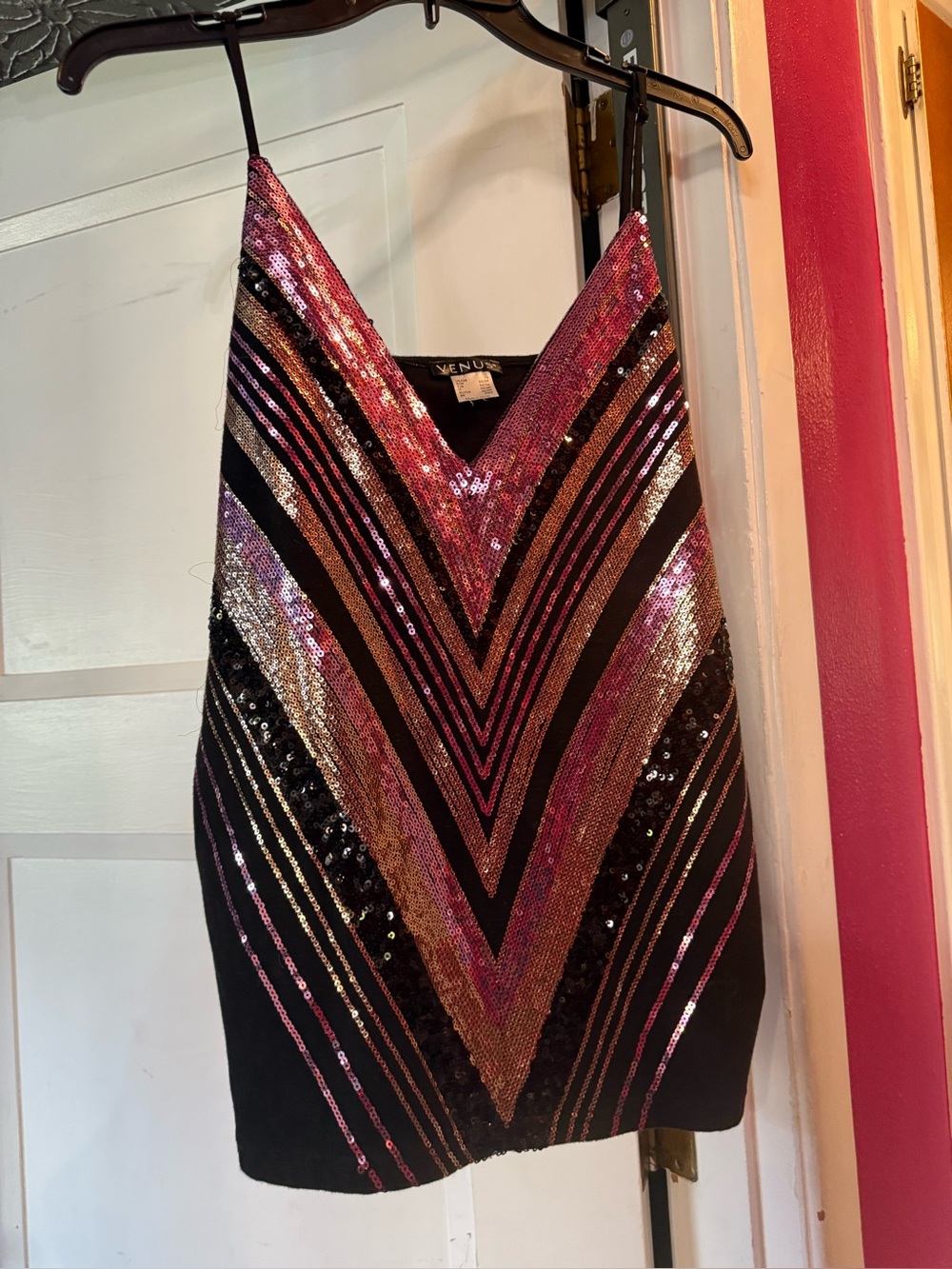 VENUS Pink, Gold & Black Sequin V-Neck Dress